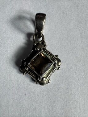 Vintage AF 925  stamped Ornate Smoky Quartz Balinese-Style Pendant